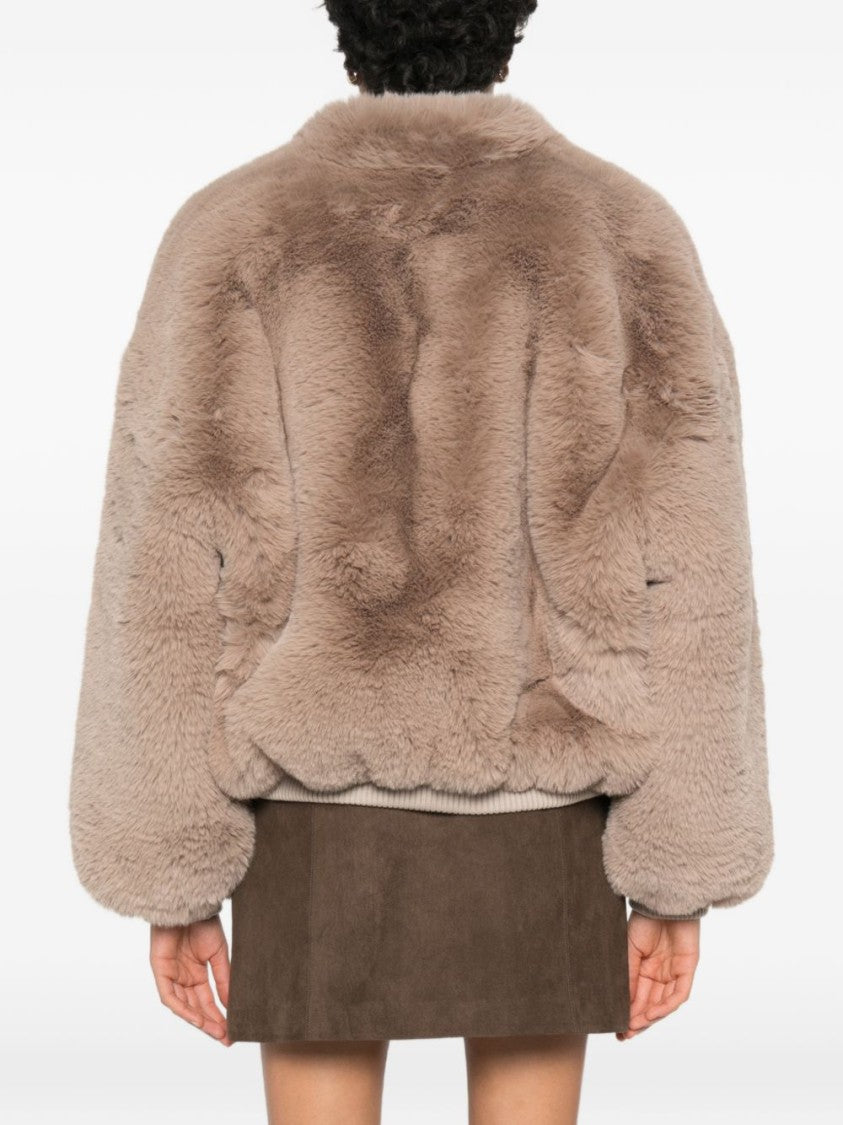 The Frankie Shop Plush Faux Fur Jacket With Balloon Sleeves And Ribbed Trims