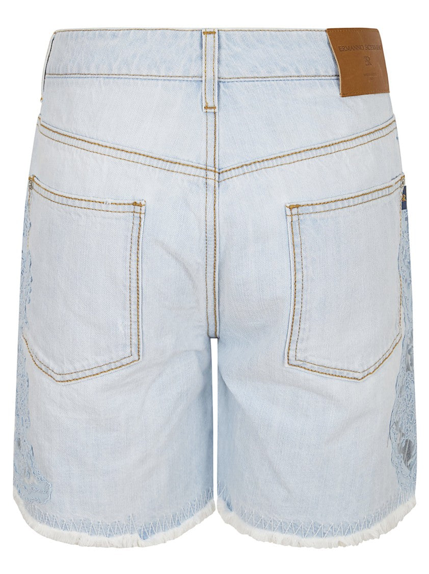 Ermanno Scervino Embroidered Light Blue Denim Bermudas With Frayed Hem