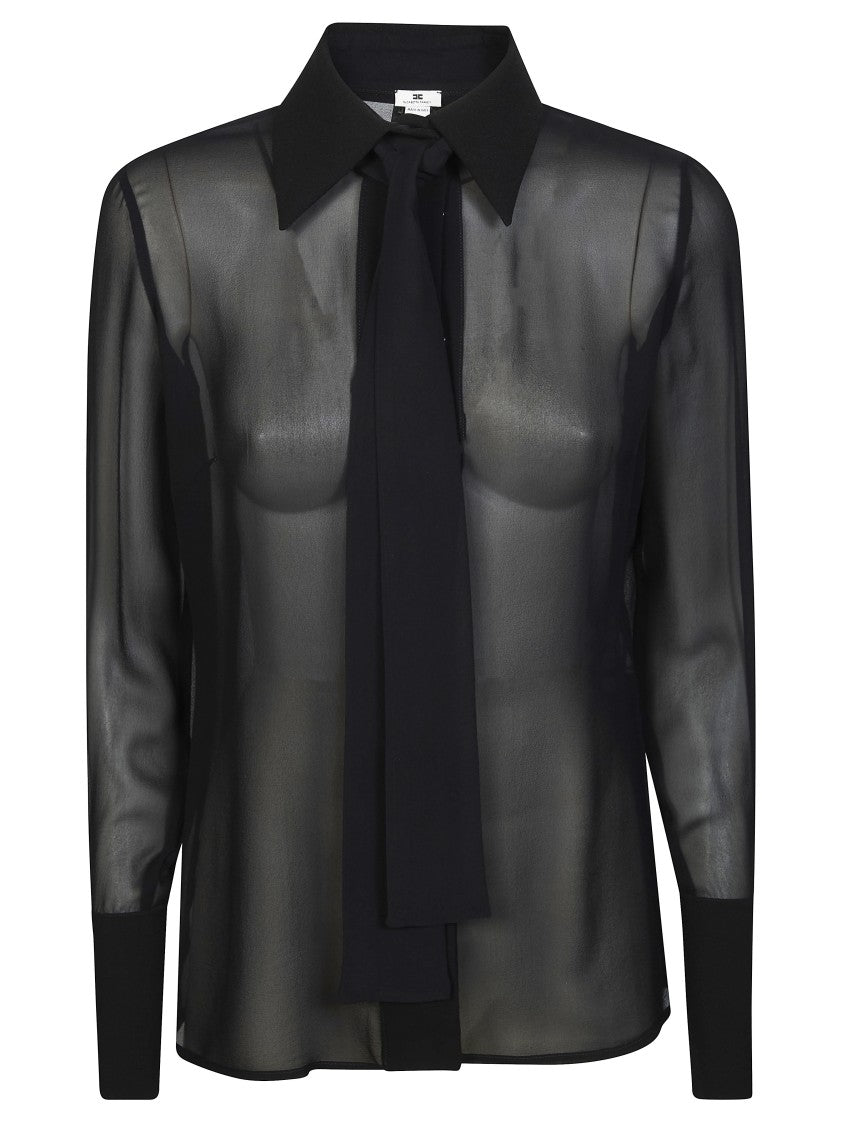 Elisabetta Franchi Sheer Pointed Collar Front Tie Blouse