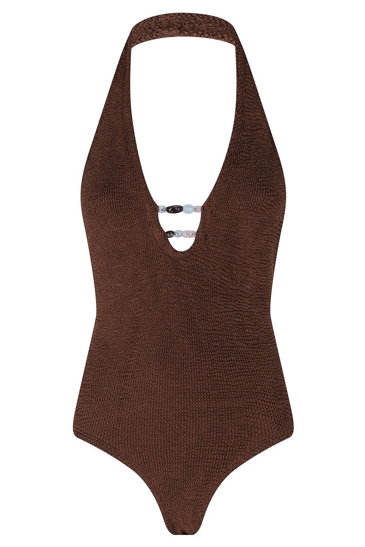 Hunza G Chocolate Adriana Beaded Triangle Polyamide Swimsuit