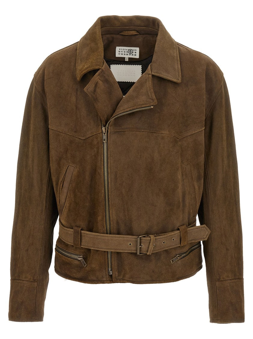 Mm6 By Maison Margiela Aged Effect Suede Biker Jacket With Asymmetrical Zip And Quilted Lining