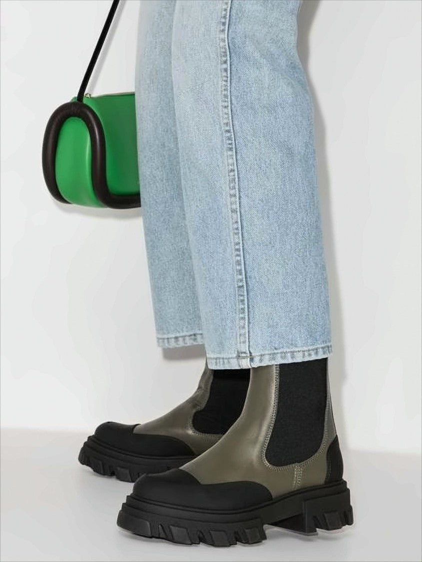 Ganni Chunky Chelsea Boots With Olive Leather Uppers And Black Accents