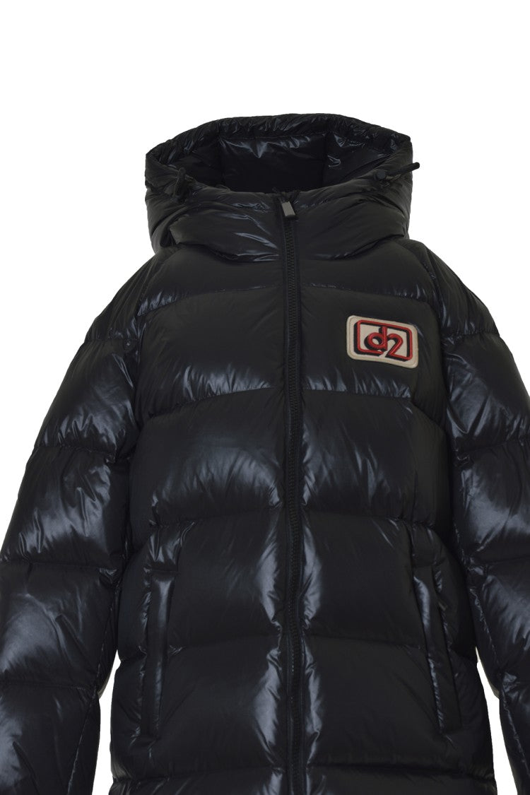 Dsquared2 D2 Long Down Jacket In Black Nylon With Hood