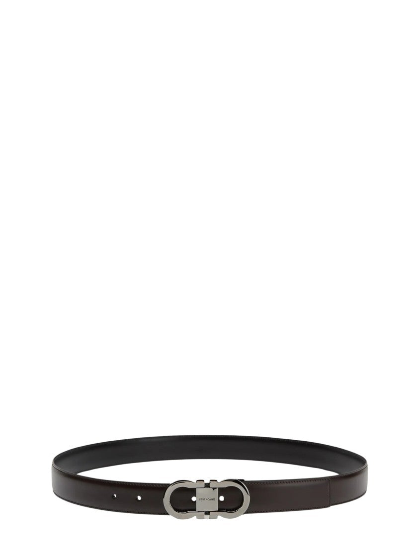 Ferragamo Reversible Leather Belt With Polished Double Gancini Buckle