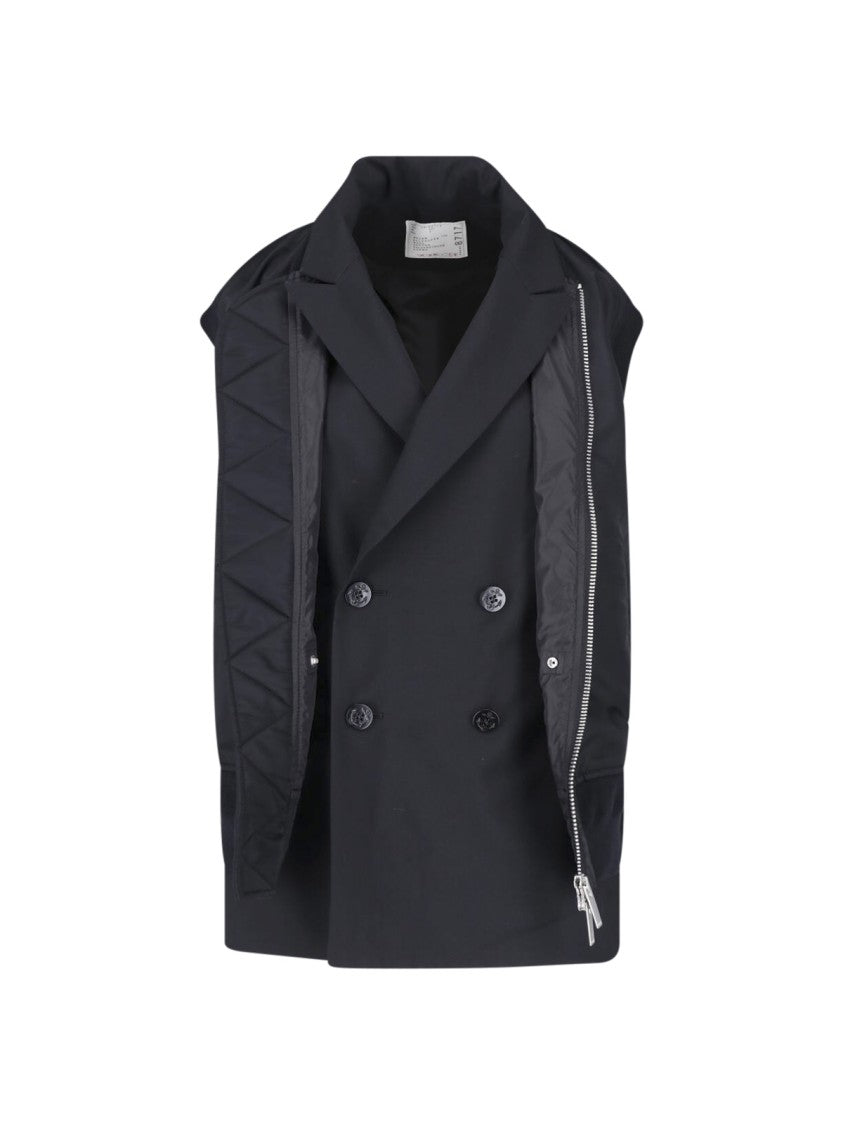 Sacai Layered Black Nylon Twill Vest With Double Breasted Design
