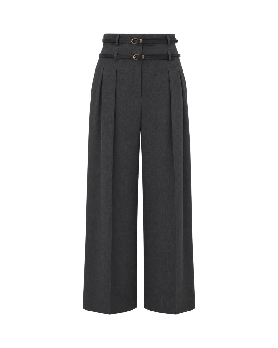 Liu Jo Wide-Leg Dark Grey Melange Flannel Trousers With Double-Belt Detail