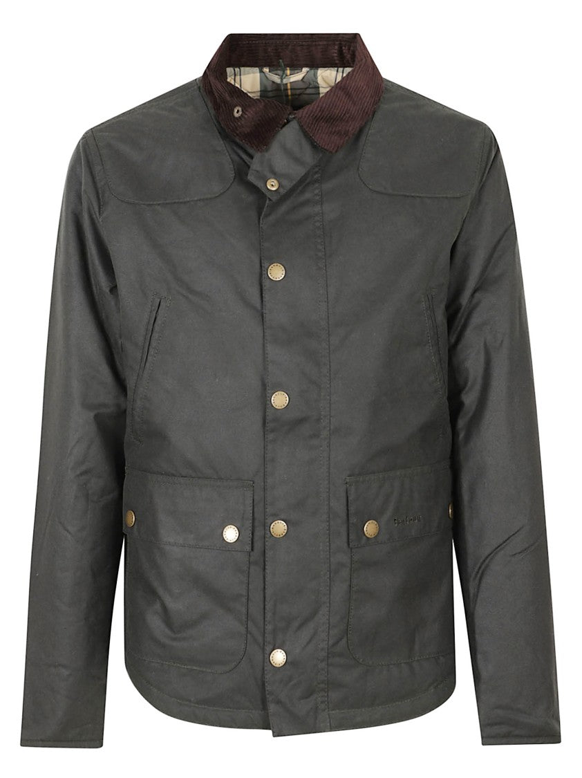Barbour Waxed Cotton Jacket With Corduroy Collar And Pocket Details