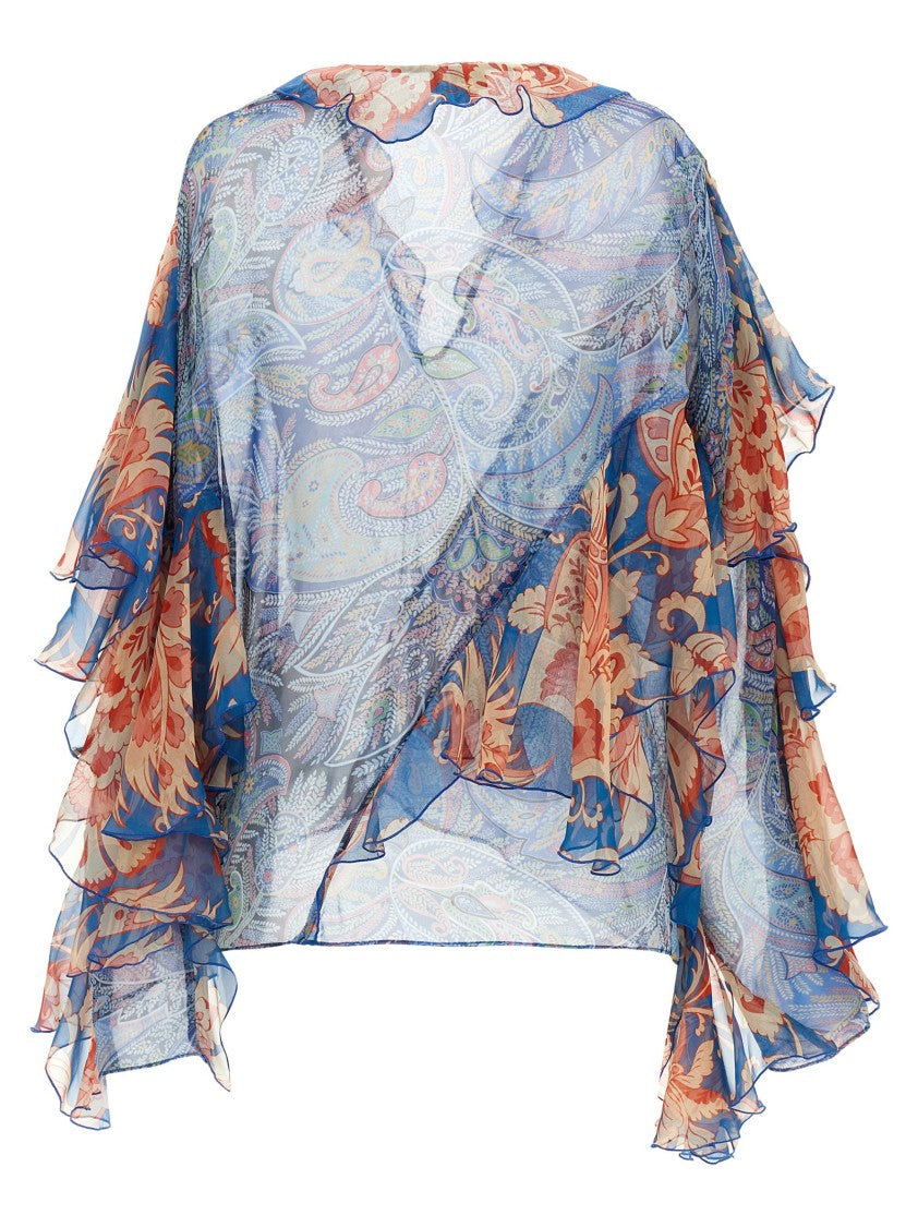 Etro Silk Chiffon Blouse With Asymmetric Ruffles And Floral Print