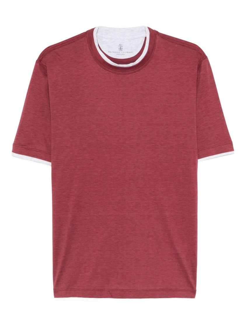 Brunello Cucinelli Red Contrasting Crew Neck Cotton T-Shirt