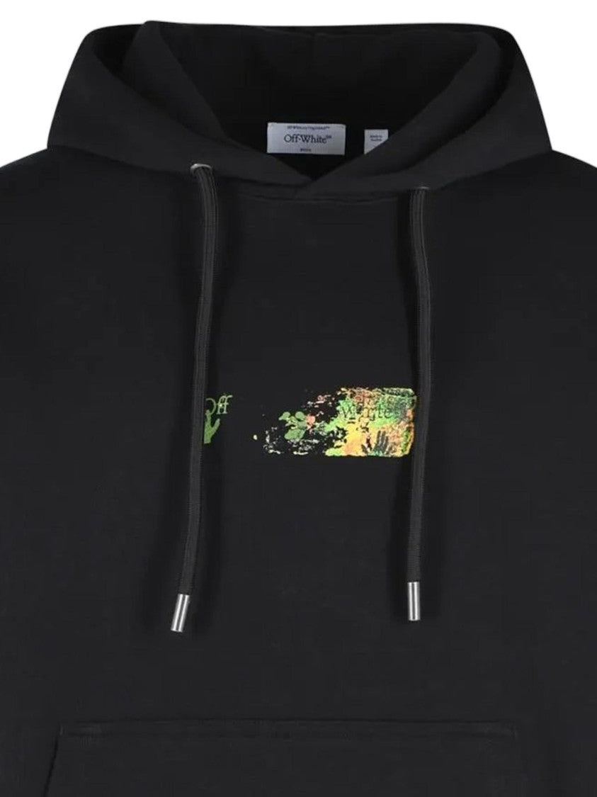 Off-White Cotton Sweatshirt With Adjustable Drawstring Hood And Graphic Prints