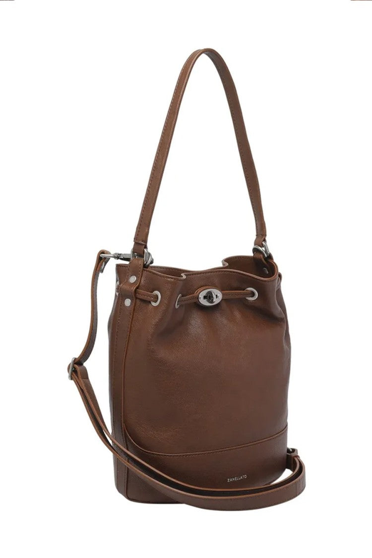 Zanellato Brown Leather Turn-Lock Drawstring Bucket Bag