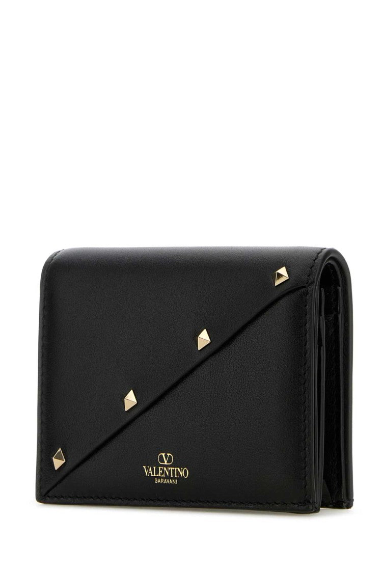 Valentino Garavani Rockstud Black Leather Wallet With Distinctive Diagonal Design