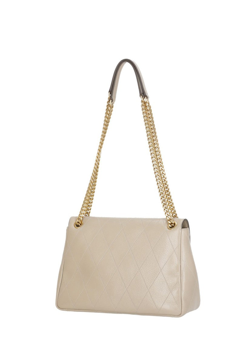 Tory Burch Beige Quilted Leather Gold Logo Shoulder Bag