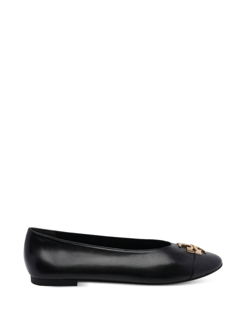 Tory Burch Black Pointed Toe Metallic Logo Detail Flats