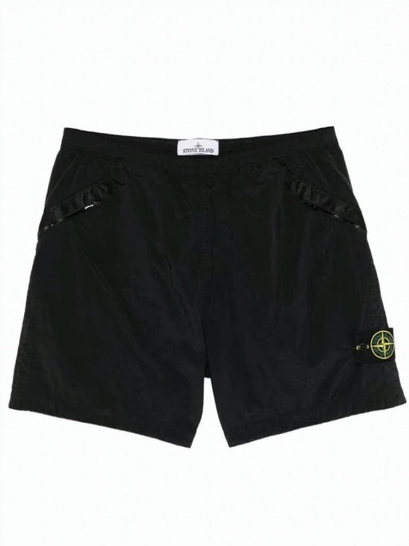 Stone Island Black Polyamide Shorts With Distinctive Patch Logo