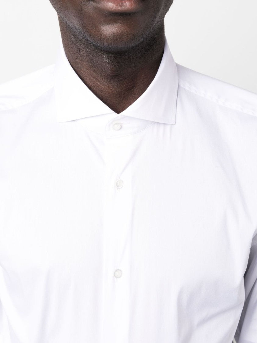 Boss Milk White Cotton Blend Shirt With Spread Collar