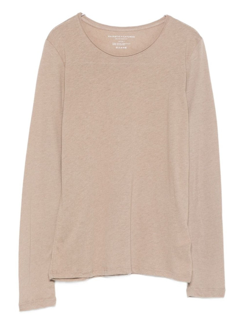 Majestic Filatures Beige Cotton-Cashmere Blend Sweater With Round Neckline