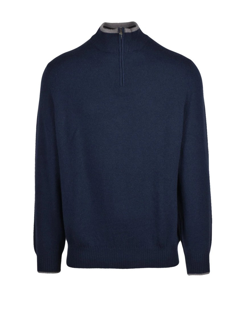 Fedeli Blue Deep Navy Cashmere Zip Sweater