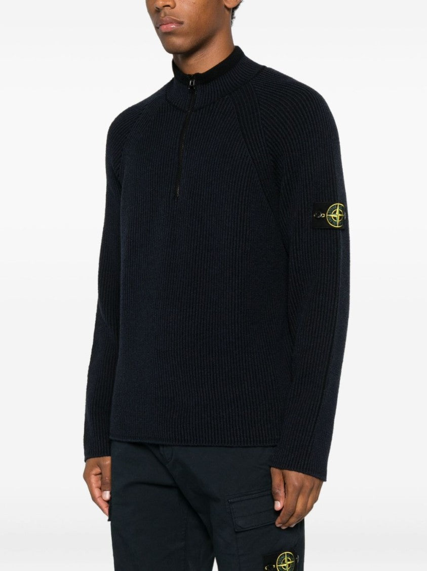 Stone Island Half-Zip Ribbed Knit Sweater With High Collar