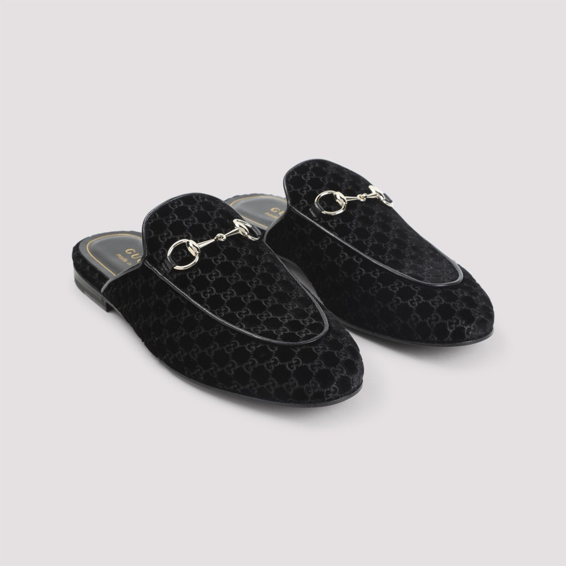 Gucci Leather And Velvet Black Slippers With Embossed Detailing