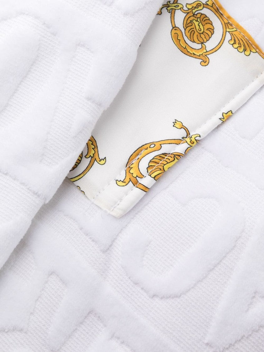 Versace White Cotton Barocco Logo Print Hooded Robe