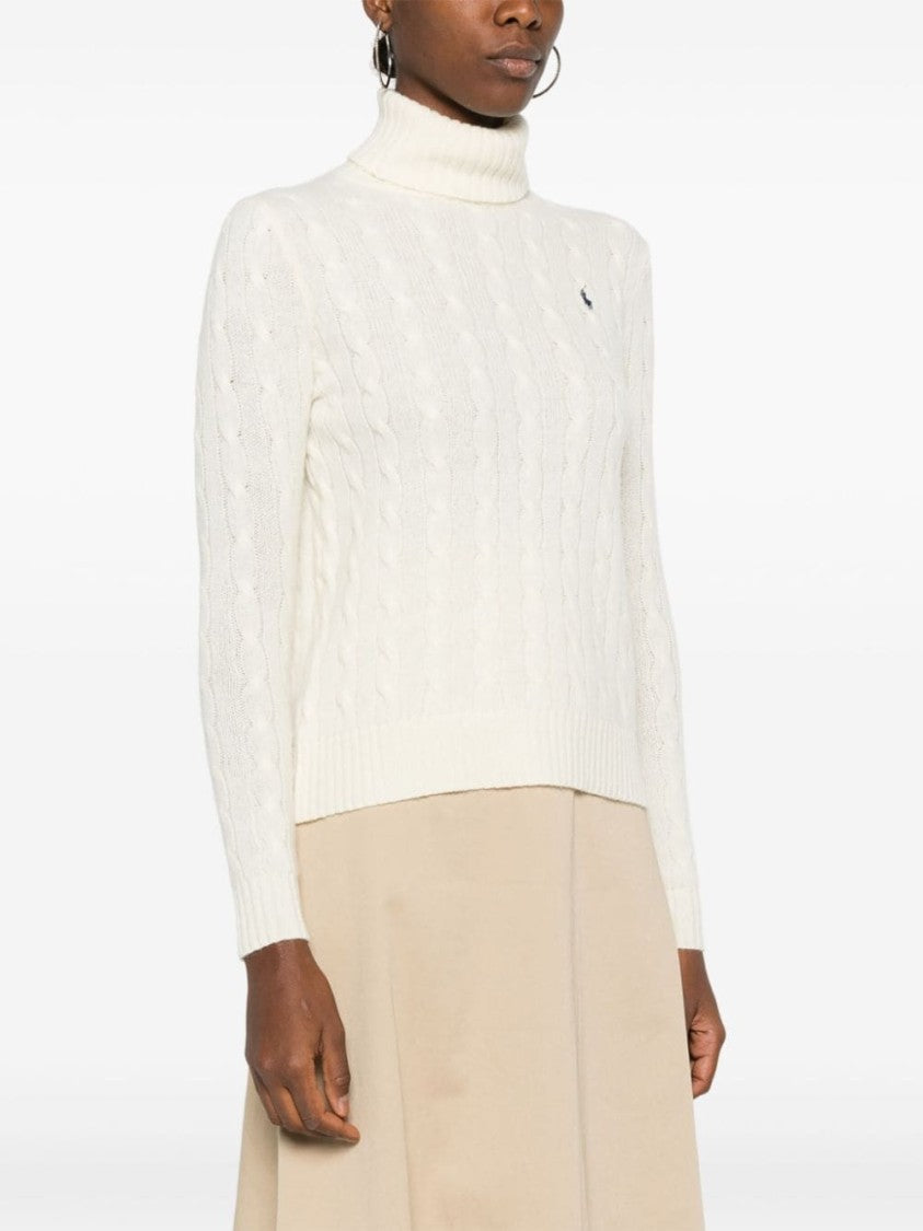 Polo Ralph Lauren Off White Textured Cable Knit Wool Turtleneck