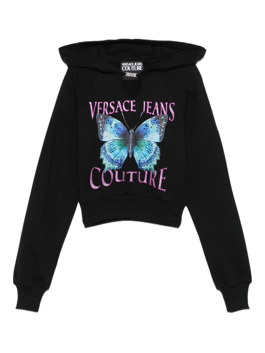 Versace Jeans Couture Cropped Black Sweatshirt With Butterfly Graphic