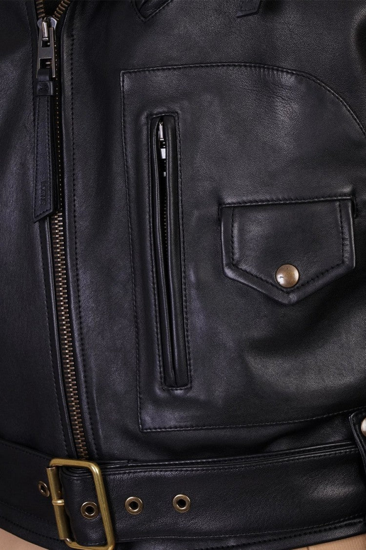 Loewe Black Leather Belted Biker Jacket