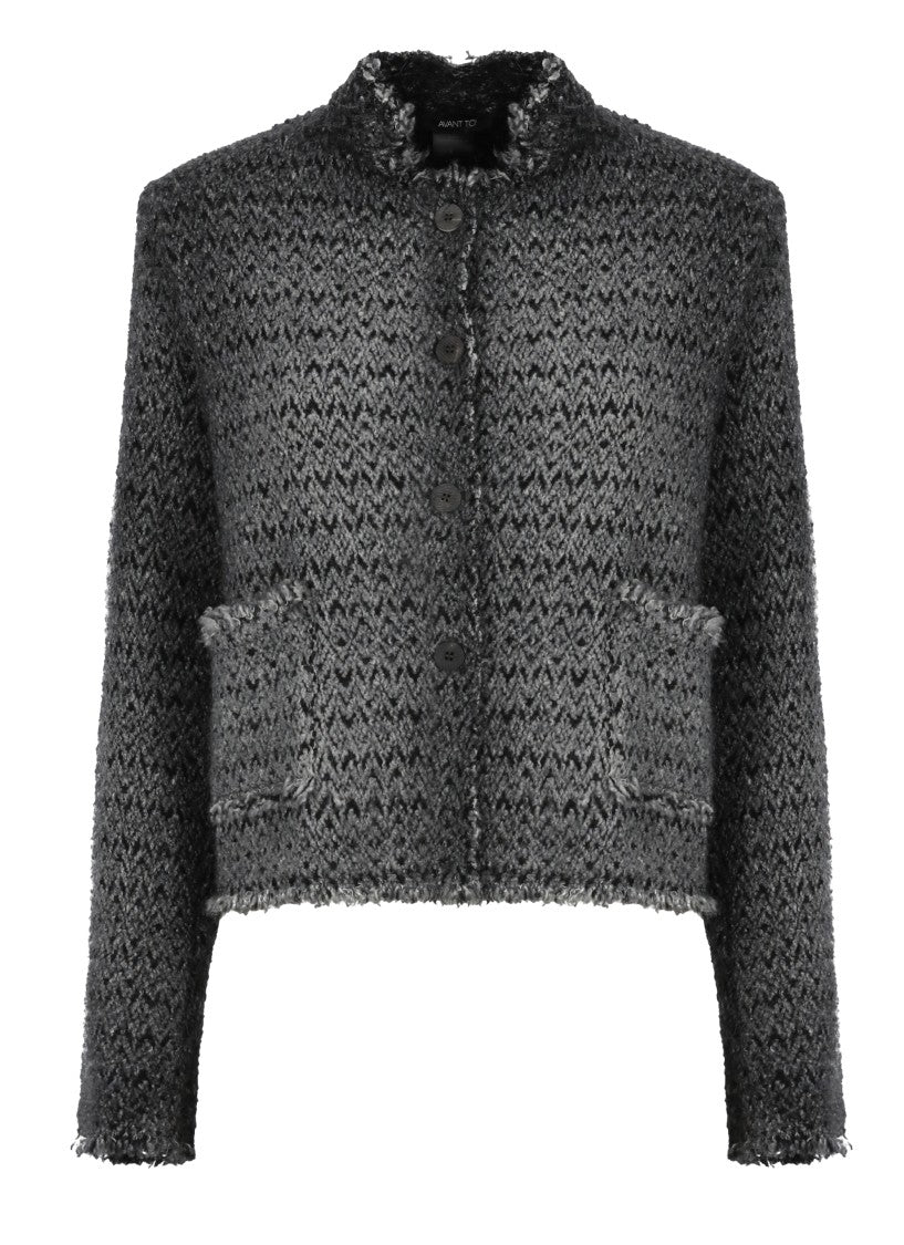 Avant Toi Textured Melange Grey Wool Cardigan With High Neck