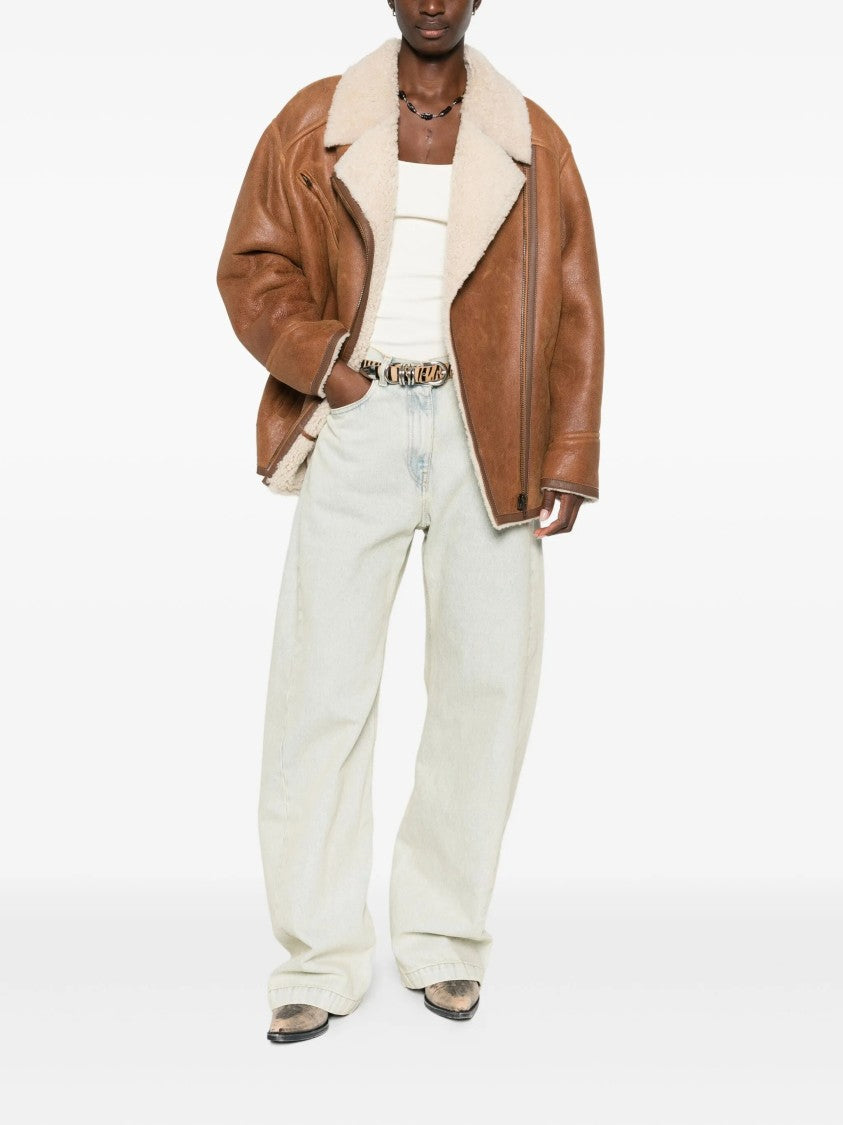 Isabel Marant Boxy Brown Leather Coat With Plush Shearling Collar