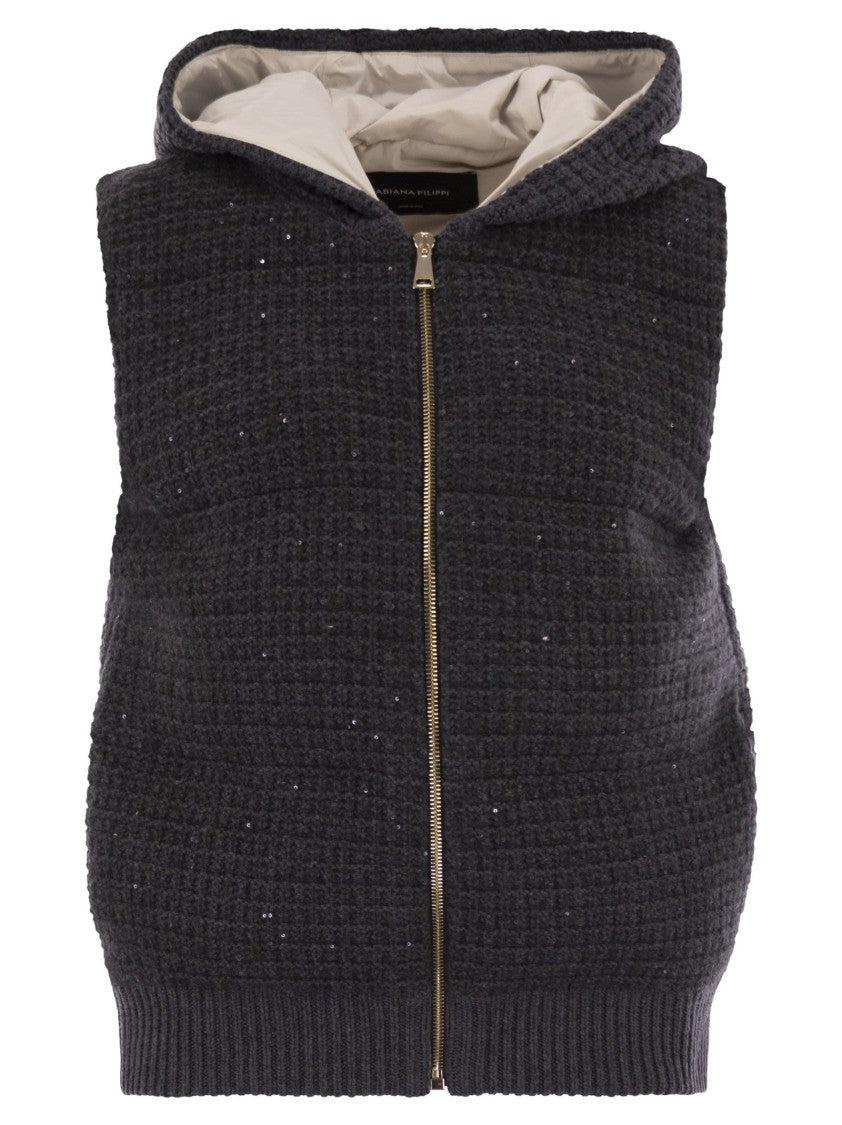 Fabiana Filippi Short Hooded Vest With Textured Knit And Zipper Closure