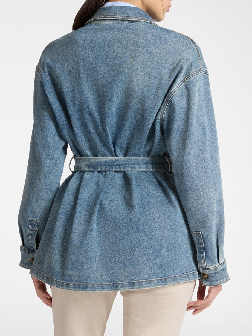 Elena Miro` Denim Overshirt Beaded Embellished Belted Jacket