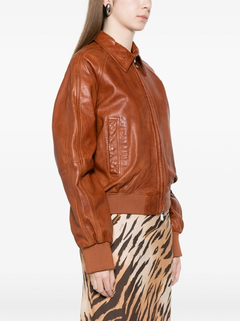 Pinko Brown Barbra Bomber Leather Jacket