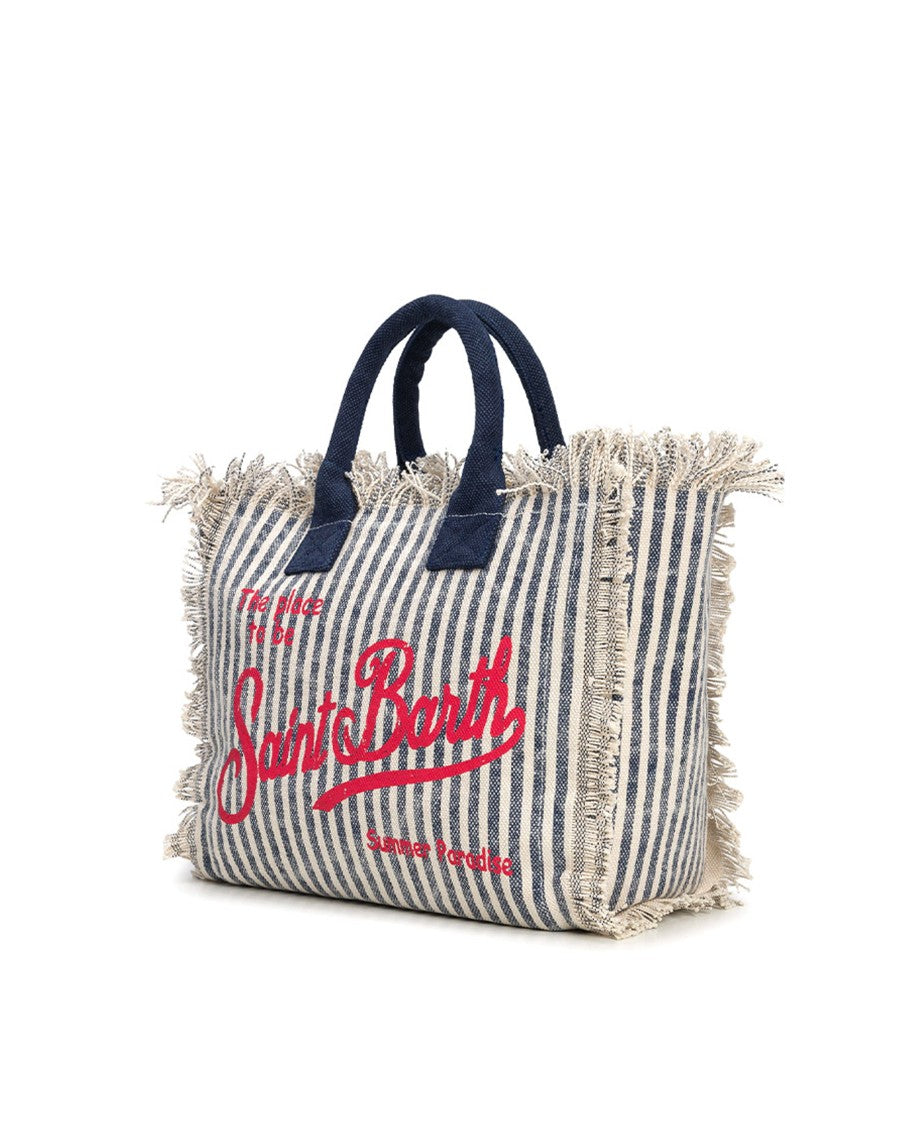 Mc2 Saint Barth Striped Canvas Tote Bag With Fringed Edges And Bold Logo