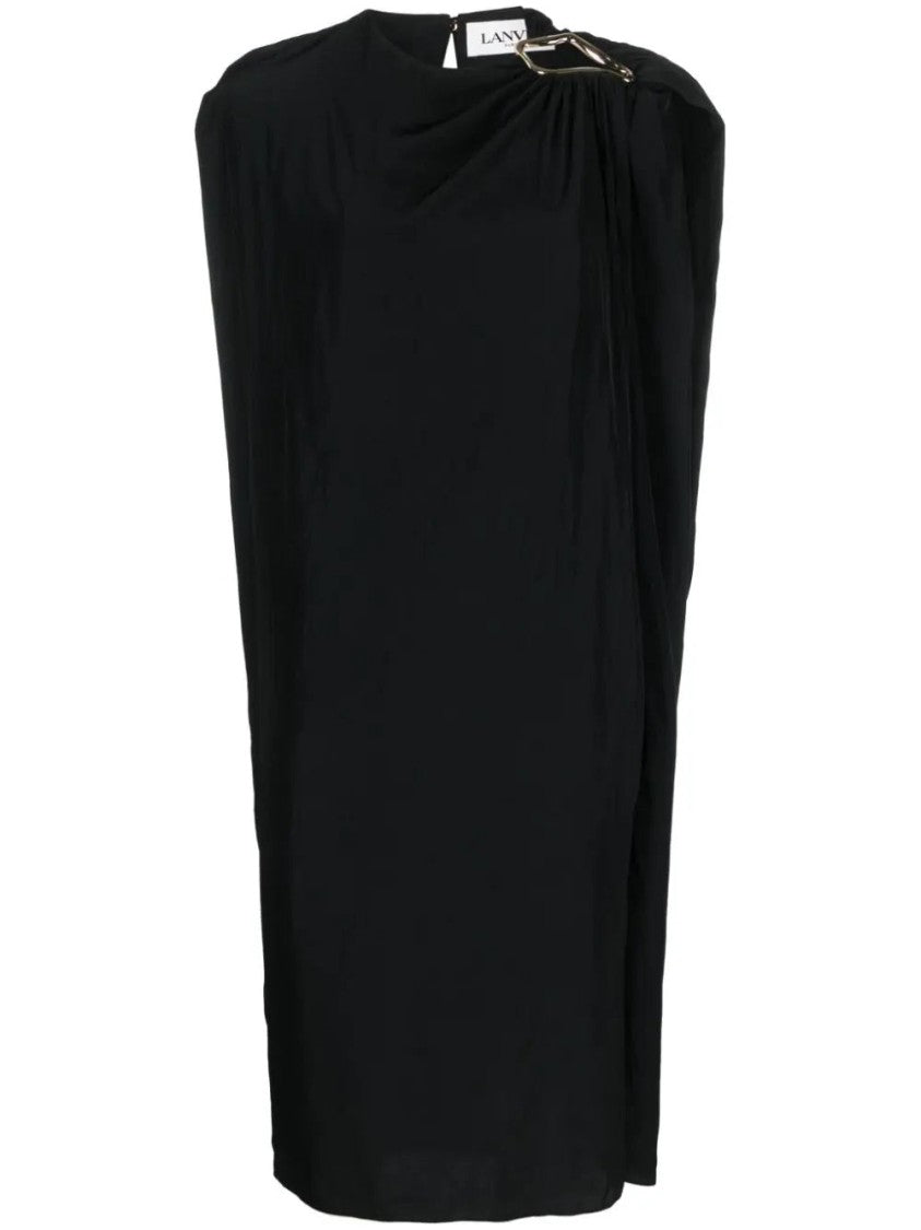 Lanvin Draped Sleeveless Midi Dress With Gathered Neckline And Metallic Accent