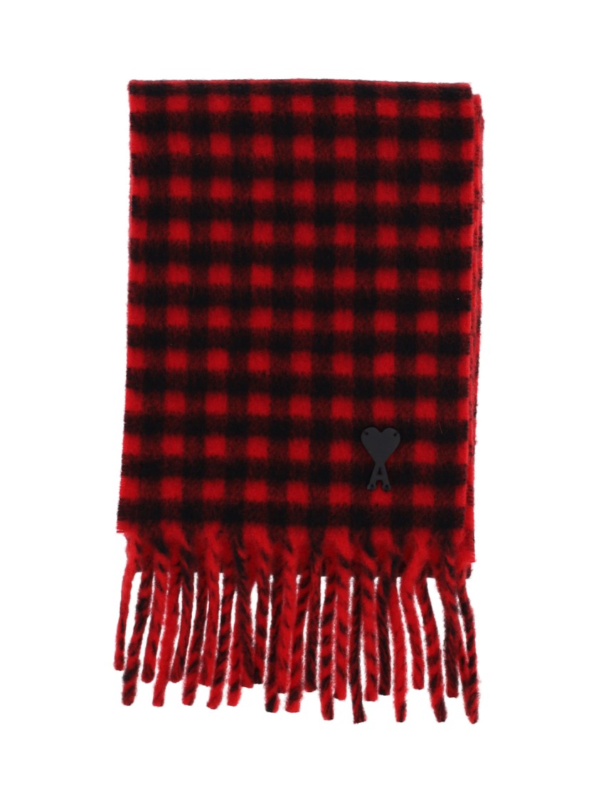 Ami Paris Red Checkered Wool Scarf