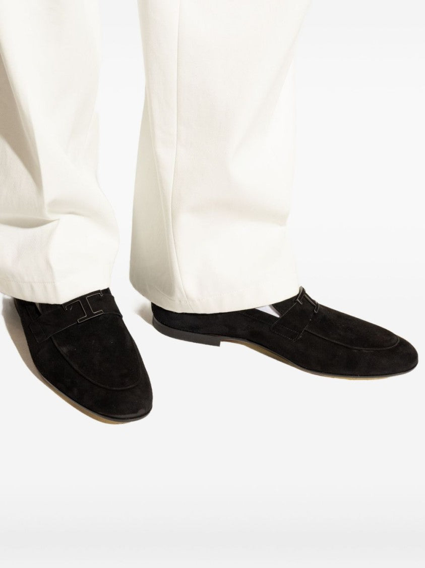 Tod's Black Suede Almond Toe Logo Flats