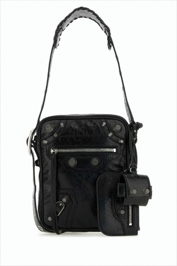 Balenciaga Textured Black Leather Crossbody Bag With Stud Details