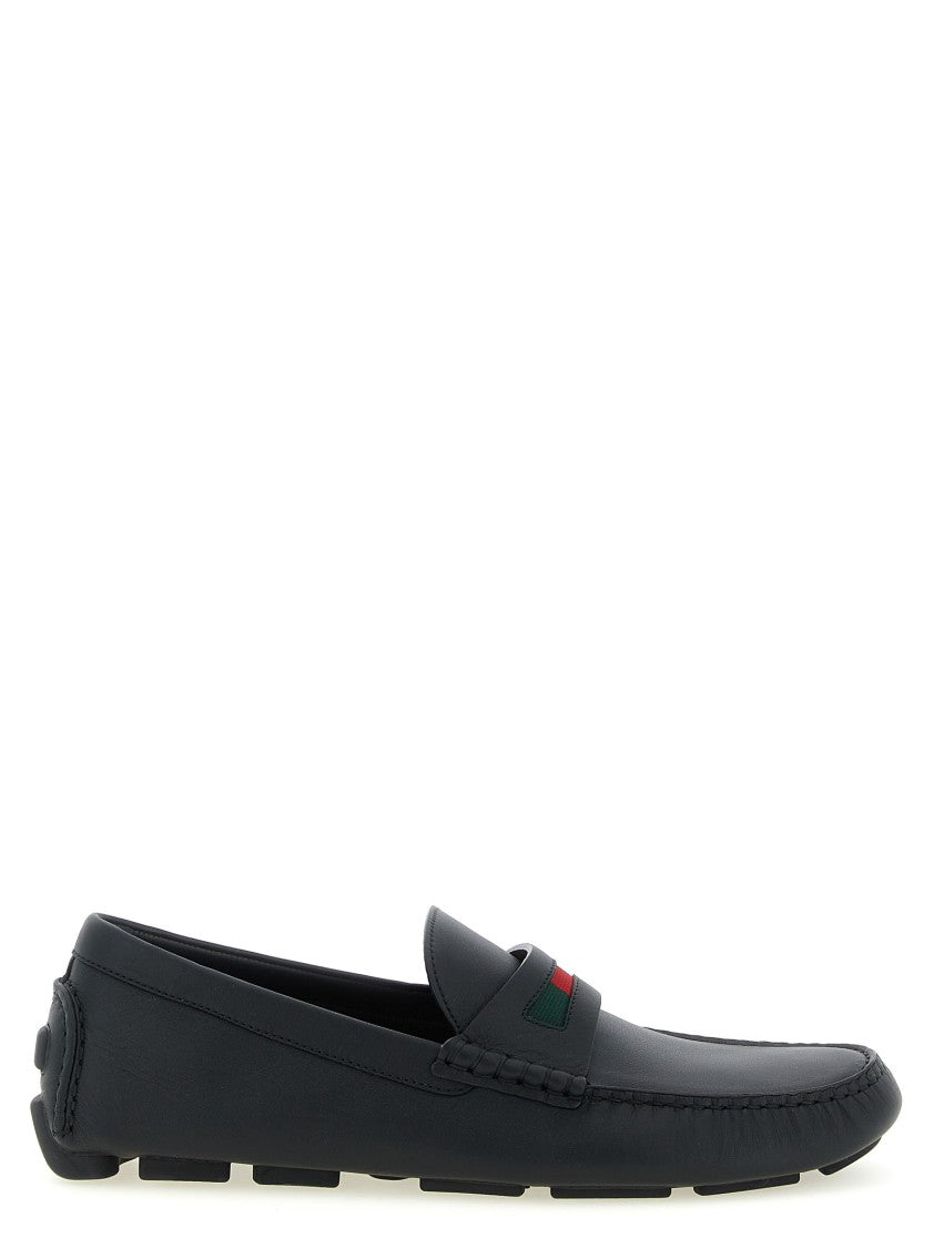 Gucci Leather Driver Loafers With Grosgrain Detail And Textured Sole