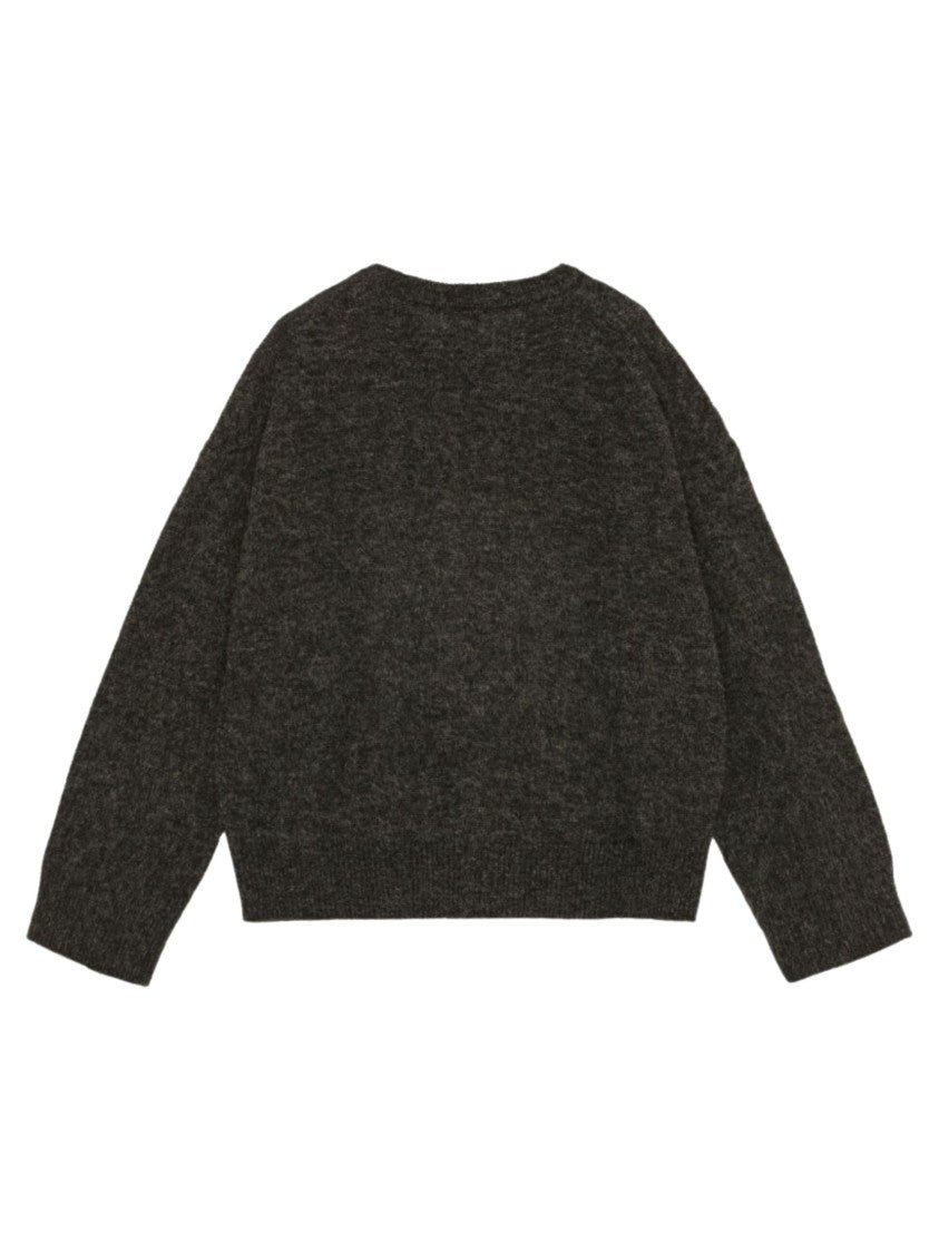 Ganni Cropped Grey Wool Sweater With Embroidered Logo