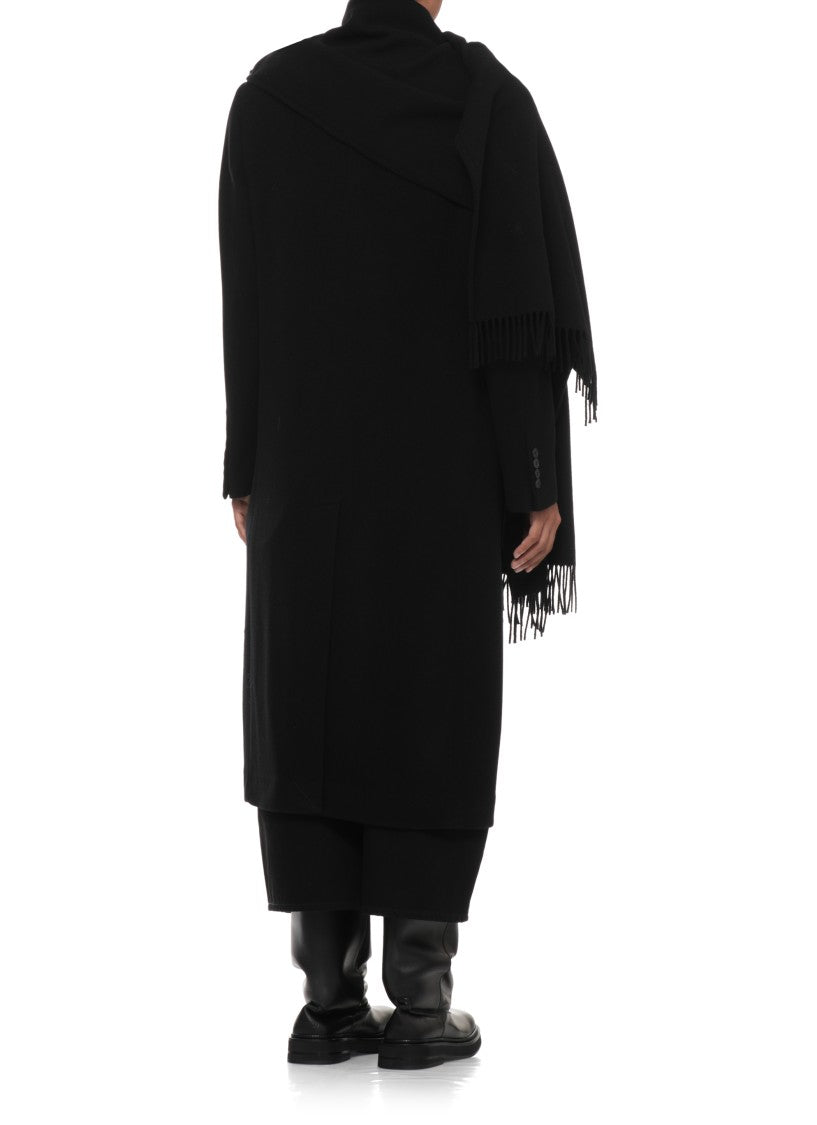 The Attico Long Black Coat With Two-Button Closure And Built-In Fringed Scarf