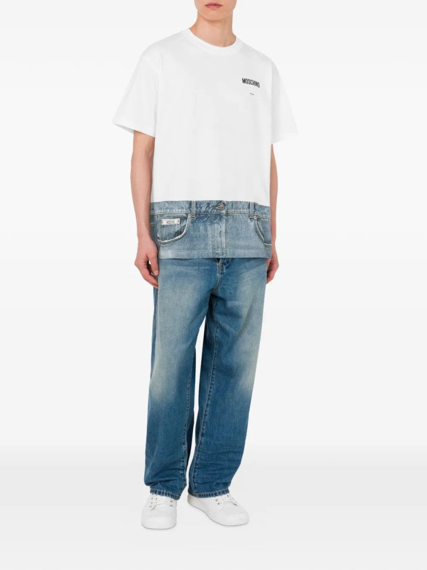 Moschino White T-Shirt With Denim-Inspired Hem Design