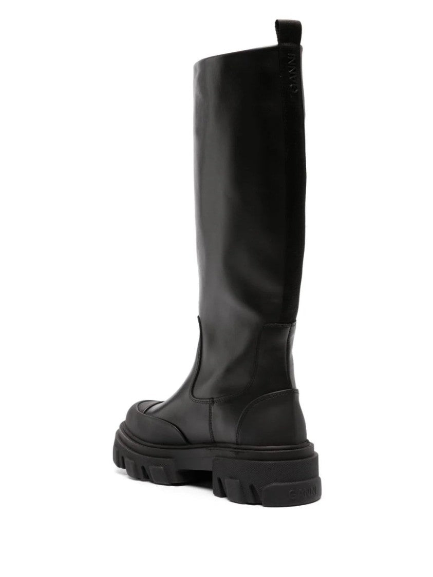 Ganni Black Cleated High Tubular Chunky Pull Tab Leather Boots