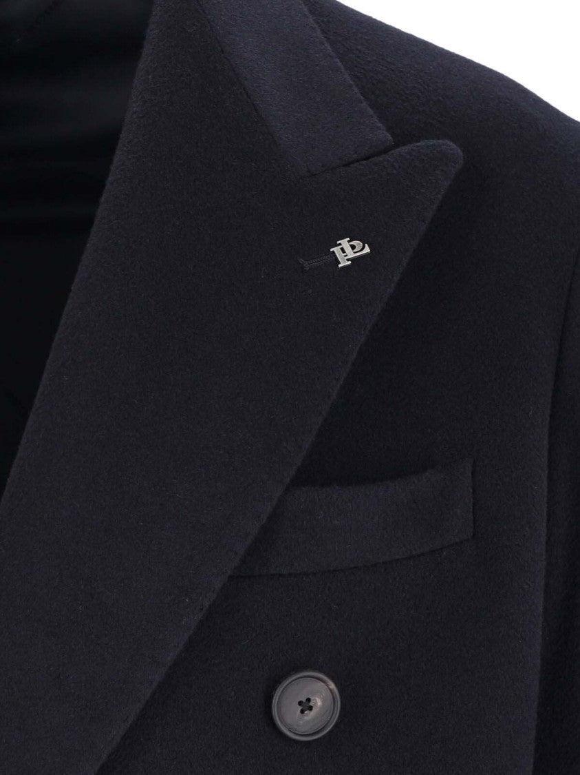 Tagliatore Navy Cashmere Double-Breasted Coat With Notched Lapel
