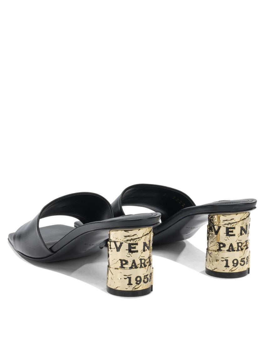 Givenchy Black Calf Leather Sandals With Gold-Toned Block Heel