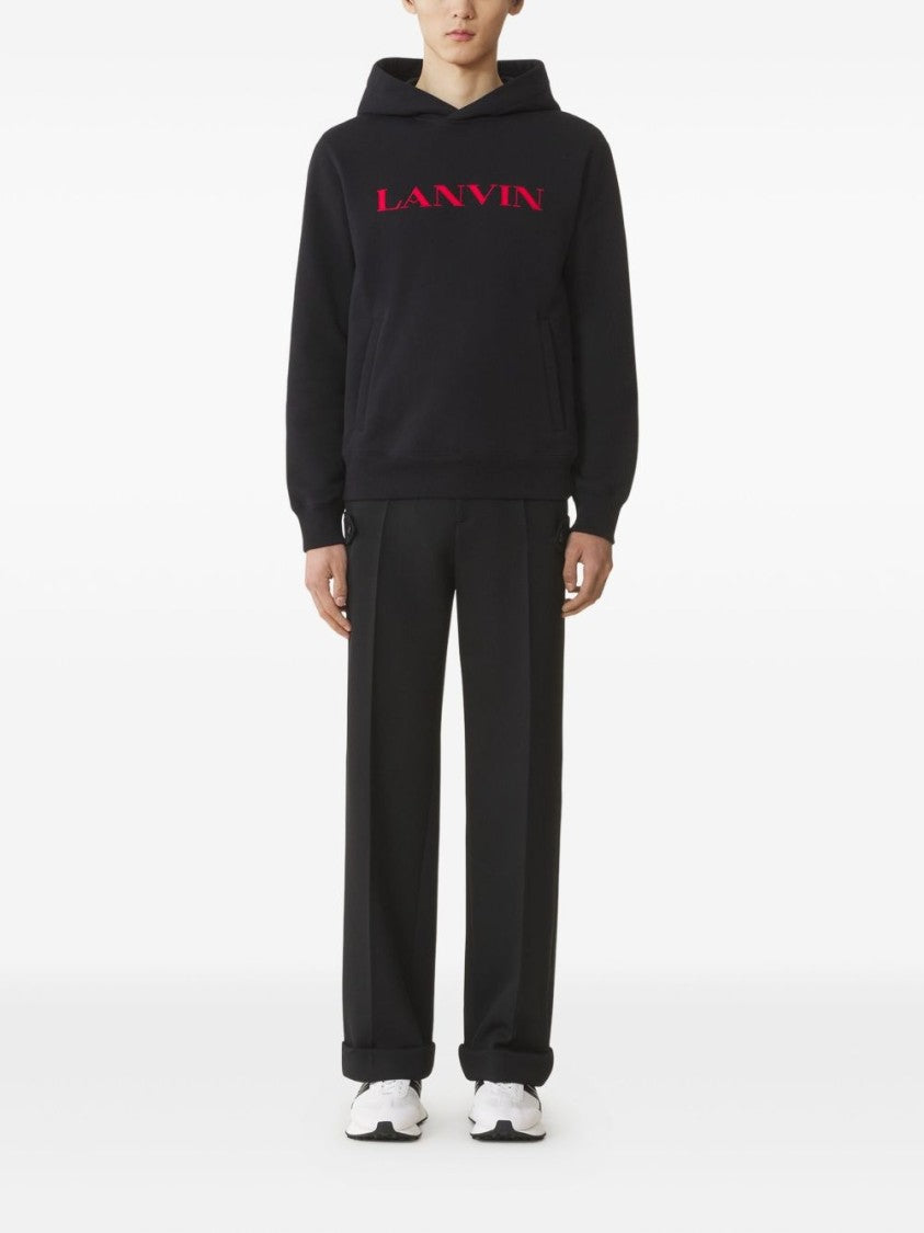 Lanvin Black Ribbed Trim Cotton Crew Neck Hoodies