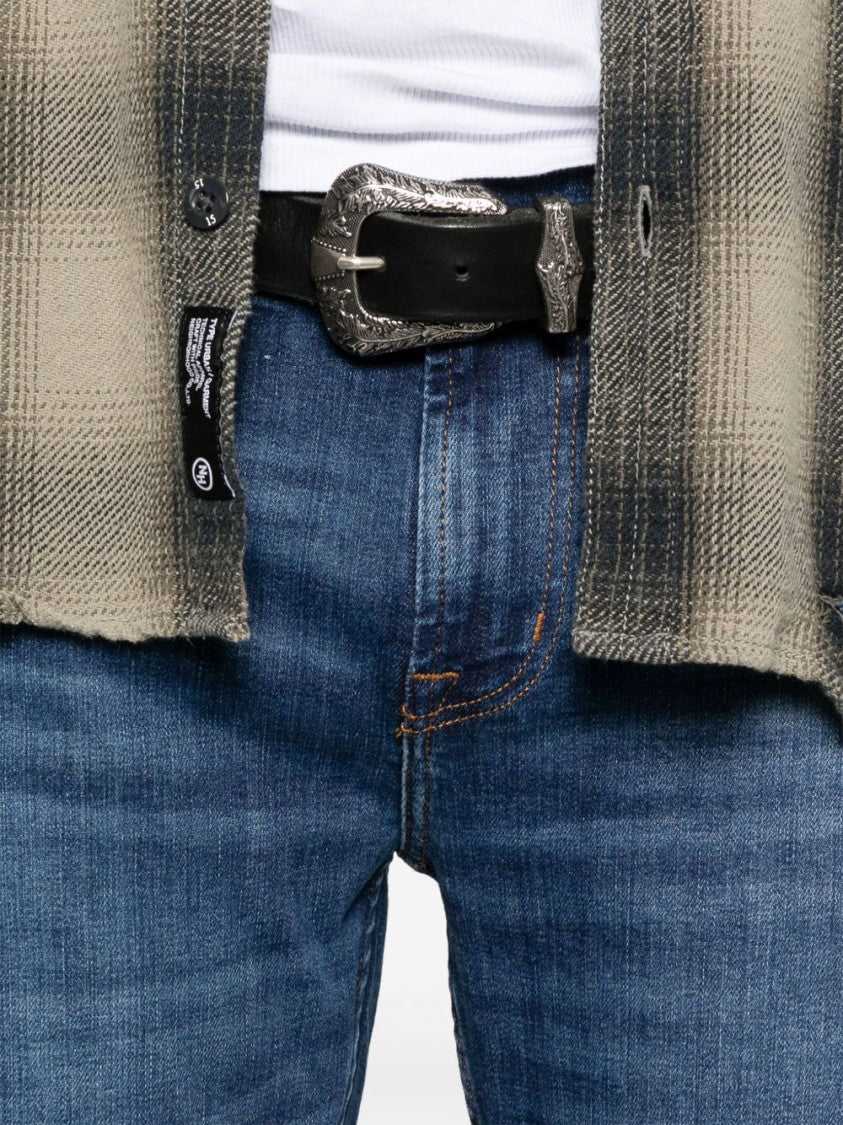 7 For All Mankind Indigo Blue Straight Leg Trousers With Classic Five-Pocket Design And Embroidered Motif