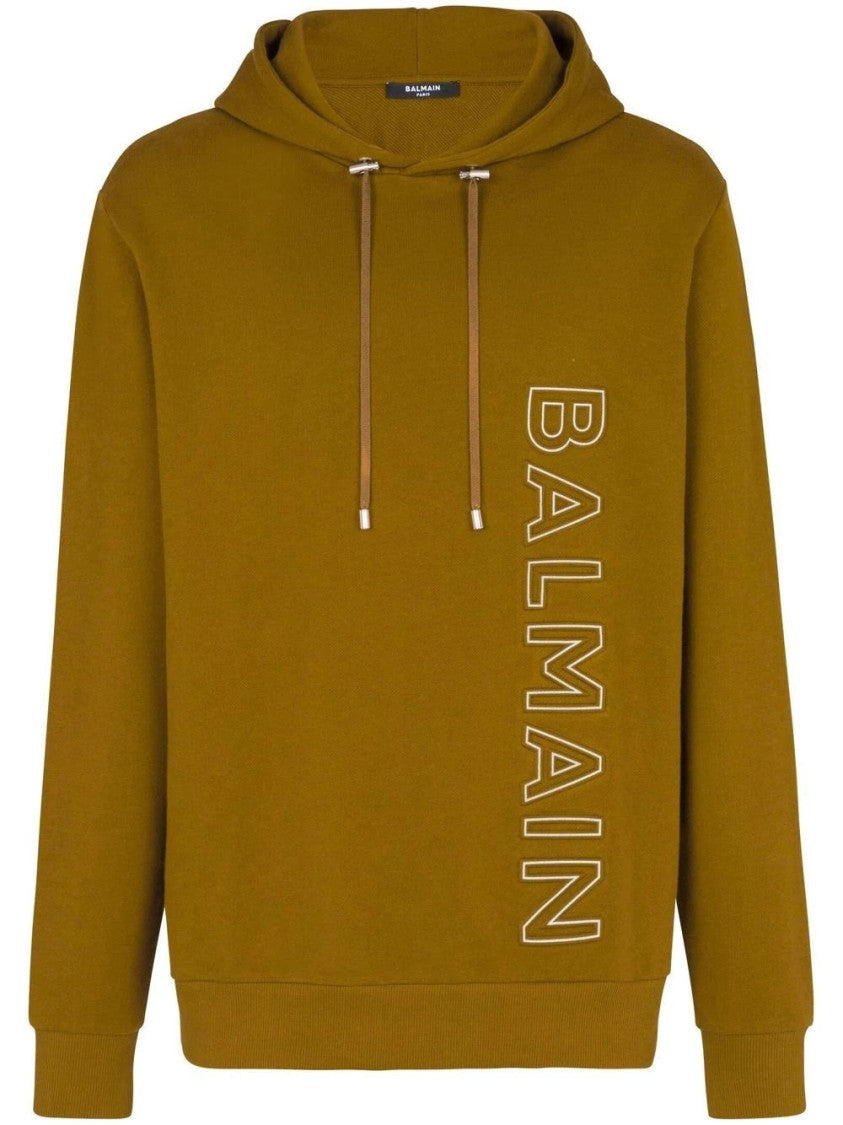 Balmain Olive Green Embossed Hoodie With Drawstring Detail