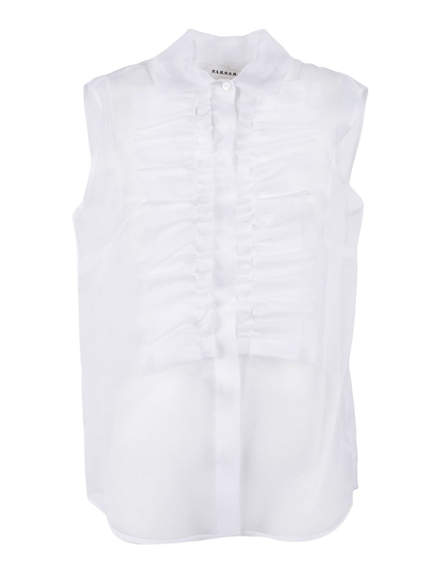 P.A.R.O.S.H. Sleeveless Silk Ruffle Blouse