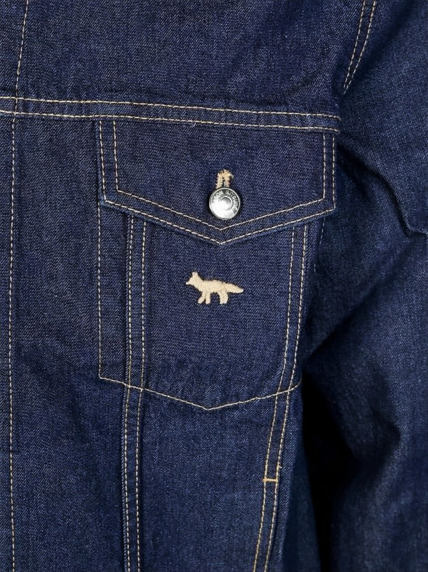 Maison Kitsuné Structured Blue Denim Jacket With Flap Pockets And Embroidered Logo